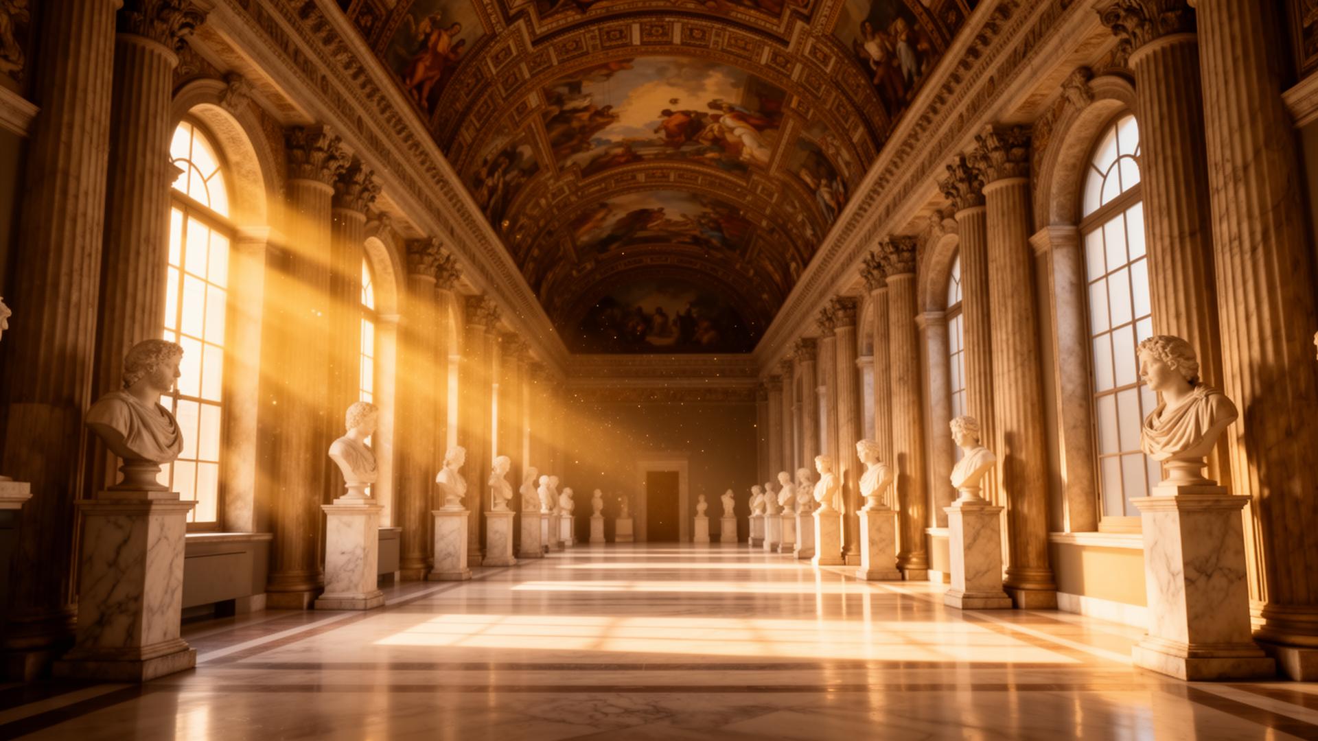 A grand Roman gallery hall of marble busts at golden hour